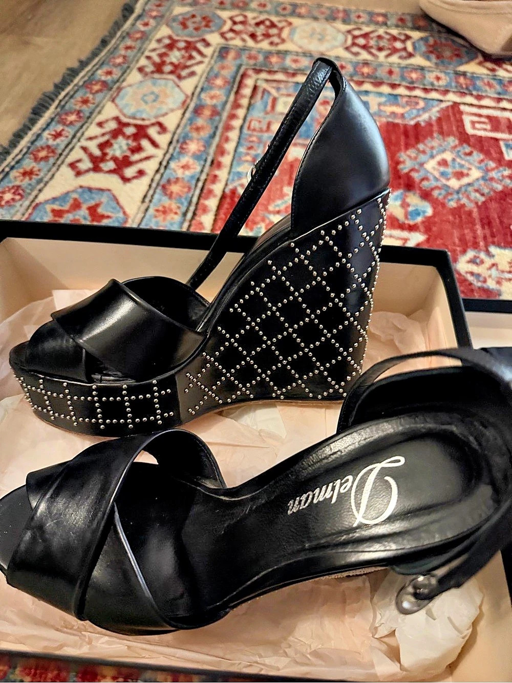 Delman Pilar Platform Wedge Sandal Black US 8.5 M